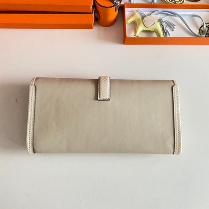 JIGE ELAN 29 CLUTCH IN BISQUE BEIGE CALFSKIN WITH LIZARD SKIN