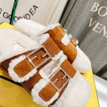 FENDI DAD SANDAL MULE IN BRONZE BROWN SUEDE WITH WHITE FLEECE