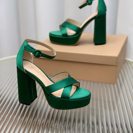 GIANVITO ROSSI 26S PLATFORM SANDALS 115 MM IN DARK GREEN SATIN