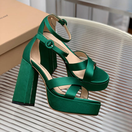 GIANVITO ROSSI 26S PLATFORM SANDALS 115 MM IN DARK GREEN SATIN