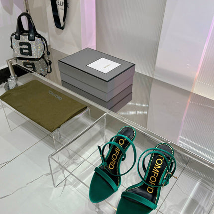 PADLOCK HIGH HEEL 10 CM SANDAL IN TEAL GREEN VELVET