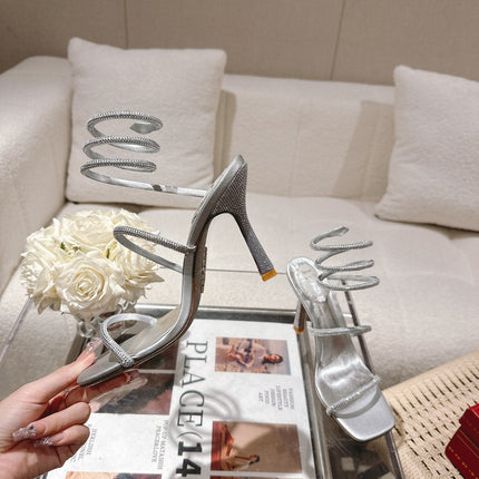 RENE CAOVILLA 26S SQUARE TOE ANKLE STRAP SANDALS 95 MM IN SILVER LAMBSKIN