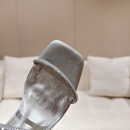 RENE CAOVILLA 26S SQUARE TOE ANKLE STRAP SANDALS 95 MM IN SILVER LAMBSKIN