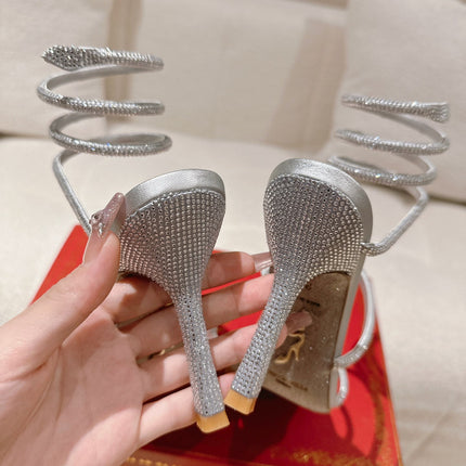 RENE CAOVILLA 26S SQUARE TOE ANKLE STRAP SANDALS 95 MM IN SILVER LAMBSKIN