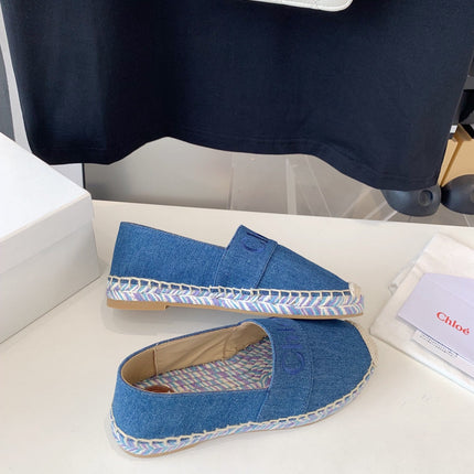LOAFER SHOES IN CERULEAN BLUE DENIM AND WOVEN RAFFIA