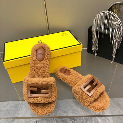FENDI BAGUETTE SLIDE SLIPPERS IN CINNAMON BROWN WOOL