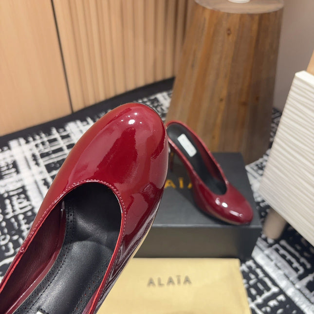 HIGH-HEEL 10 CM MULES IN BERRY RED PATENT CALFSKIN