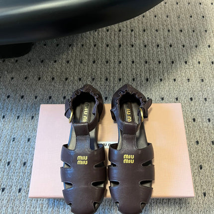 MIUMIU 26S FISHERMAN SANDALS IN DARK BROWN RUCHES NAPPA CALFSKIN