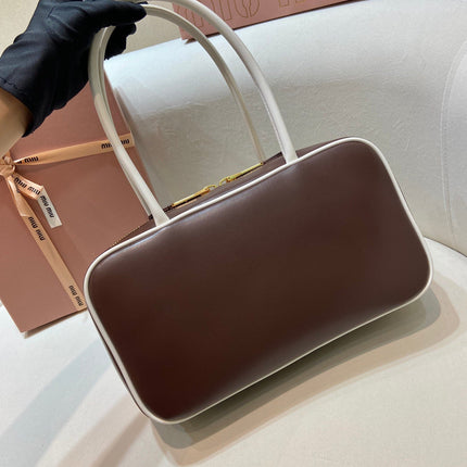 MIUMIU 26S BEAU BAG 30 IN DARK BROWN AND WHITE CALFSKIN