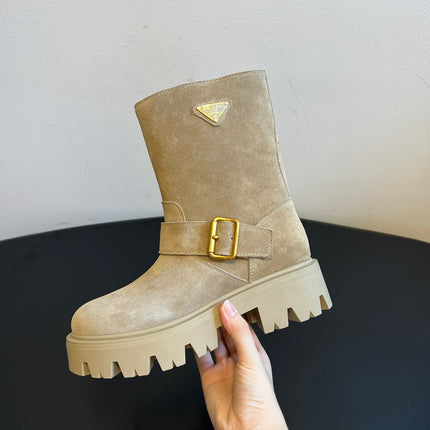 PRADA 25S PLATFORM ANKLE BOOTS IN BEIGE SUEDE WITH GOLD HARDWARE