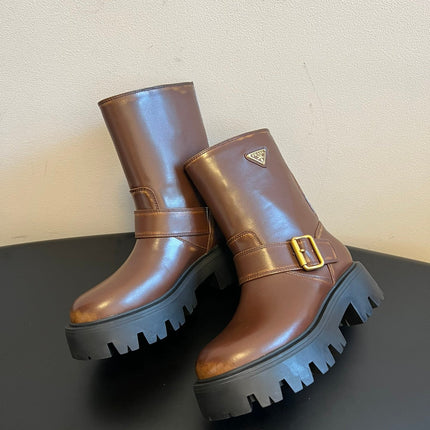 PRADA 25S PLATFORM ANKLE BOOTS IN BROWN CALFSKIN WITH GOLD HARDWARE