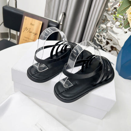 THE ROW 26S MINIMAL STRAPPY FLAT SANDALS IN BLACK CALFSKIN