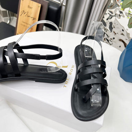 THE ROW 26S MINIMAL STRAPPY FLAT SANDALS IN BLACK CALFSKIN