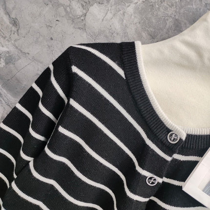 CC NAUTICAL CARDIGAN IN BLACK AND WHITE COTTON KNIT WITH STRIPED DESIGN WITH CC BUTTONS