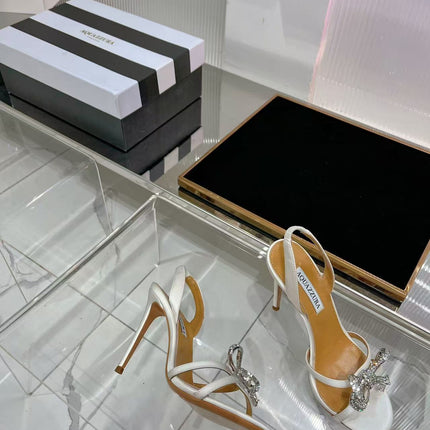 AQUAZZURA 26S CRYSTAL BOW SLINGBACK HIGH HEELS IN WHITE SATIN