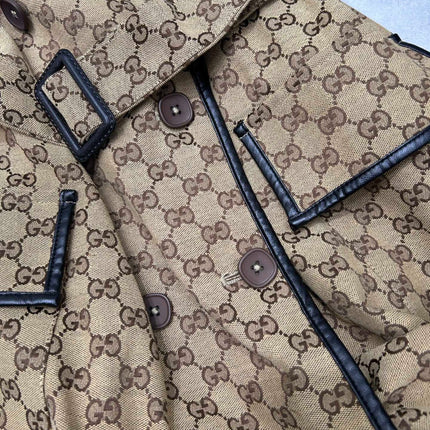 GG-JACQUARD COTTON-BLEND CANVAS TRENCH COAT WITH LEATHER TRIM