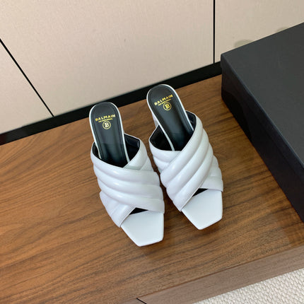 BALMAIN 26S QUILTED PLATFORM MULES 105 MM IN WHITE CALFSKIN