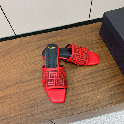 BALMAIN 26S FLAT SANDALS IN RED CALFSKIN AND MESH