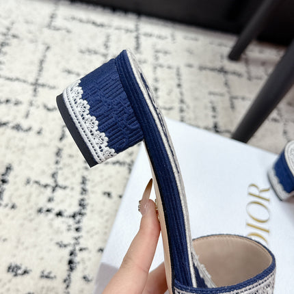 DIOR 26S HIGH HEEL SLIDES IN NAVY BLUE EMBOSSED OBLIQUE LACE EMBROIDERY