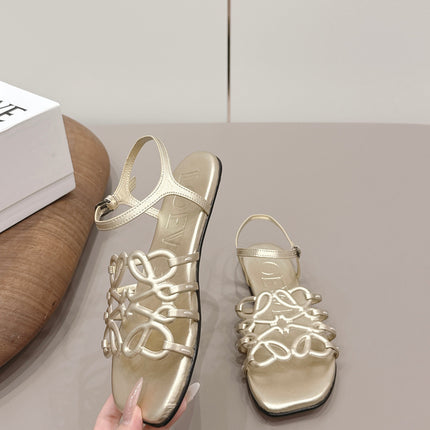 LOEWE 26S SQUARE TOE SANDALS IN GOLD CALFSKIN LOGO