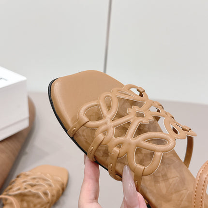 LOEWE 26S SQUARE TOE SANDALS IN LIGHT BROWN CALFSKIN LOGO