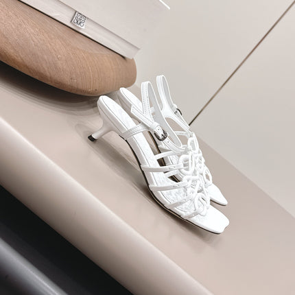 LOEWE 26S SQUARE TOE HEEL SANDALS 50MM IN WHITE CALFSKIN LOGO