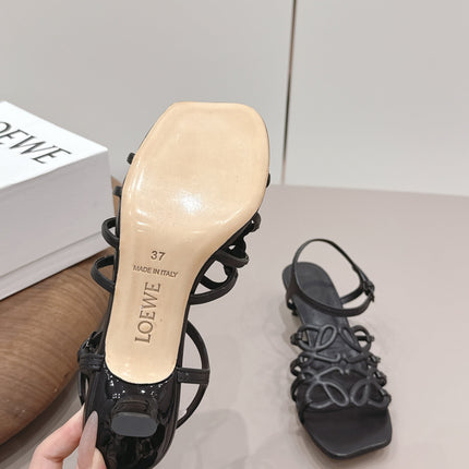 LOEWE 26S SQUARE TOE HEEL SANDALS 50MM IN BLACK CALFSKIN LOGO