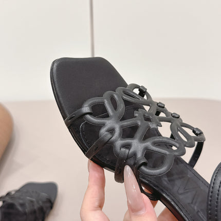 LOEWE 26S SQUARE TOE HEEL SANDALS 50MM IN BLACK CALFSKIN LOGO