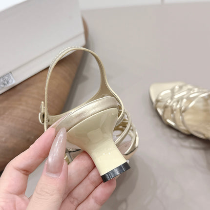 LOEWE 26S SQUARE TOE HEEL SANDALS 50MM IN GOLD CALFSKIN LOGO