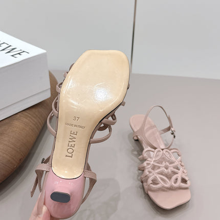 LOEWE 26S SQUARE TOE HEEL SANDALS 50MM IN PINK CALFSKIN LOGO