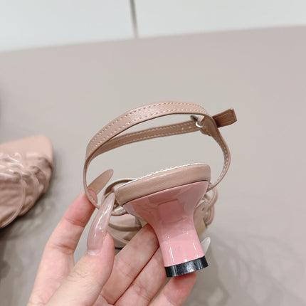 LOEWE 26S SQUARE TOE HEEL SANDALS 50MM IN PINK CALFSKIN LOGO