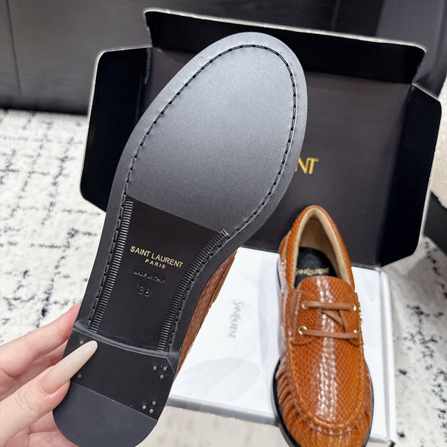 YSL 26S LOAFERS IN CAMEL BROWN CALFSKIN WITH SNAKESKIN EMBOSSING