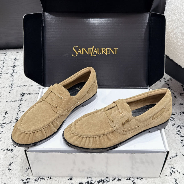 YSL 26S LOAFERS IN DARK BEIGE SUEDE WITH HORIZONTAL STRAP