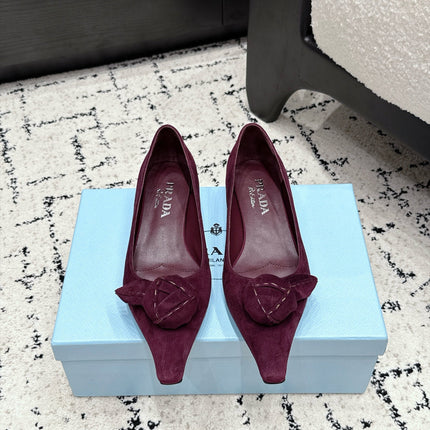 PRADA 26S POINTED-TOE BALLET IN BURGUNDY SUEDE