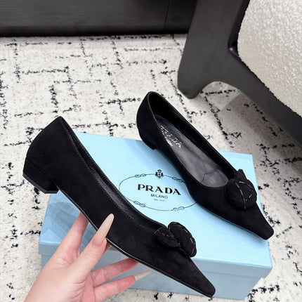PRADA 26S POINTED-TOE BALLET IN BLACK SUEDE