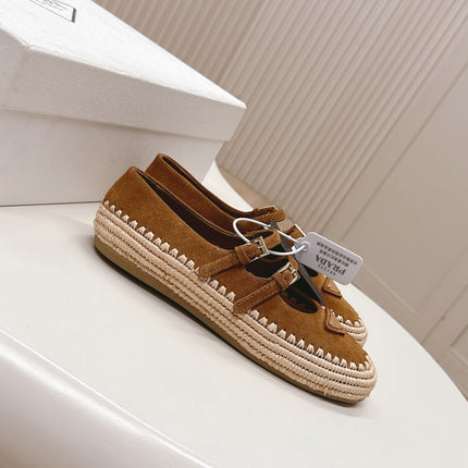 PRADA 26S MARY JANE ESPADRILLES SHOES IN CARAMEL BROWN SUEDE WITH LOGO