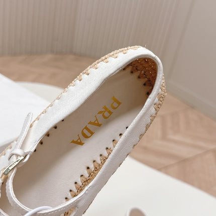 PRADA 26S MARY JANE ESPADRILLES SHOES IN WHITE CALFSKIN WITH LOGO