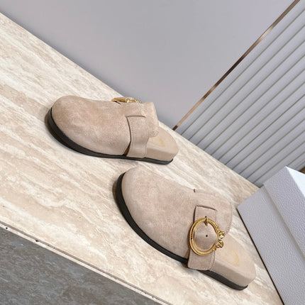 DIOR 26S BUCKLE MULE LOAFERS IN BEIGE SUEDE GOLD HARDWARE