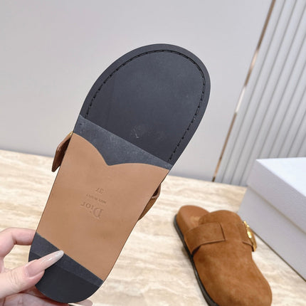 DIOR 26S BUCKLE MULE LOAFERS IN CARAMEL BROWN SUEDE GOLD HARDWARE