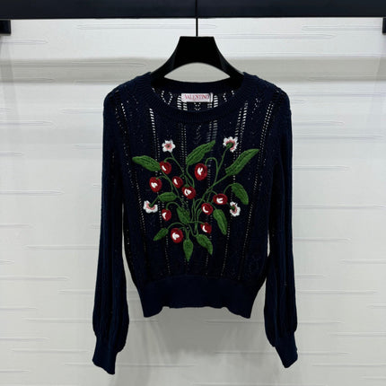 VALENTINO CREW NECK LONG-SLEEVE EMBROIDERED KNIT TOP 274958