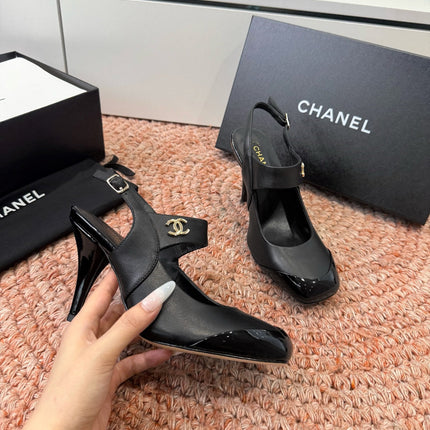 CHANEL 26S SQUARE TOE HIGH HEELS SLINGBACKS IN BLACK LAMBSKIN WITH TOE