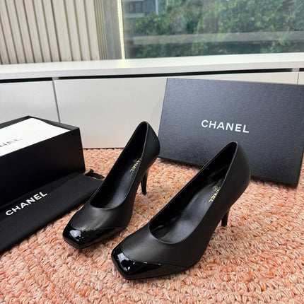 CHANEL 26S SQUARE TOE HIGH HEELS IN BLACK LAMBSKIN