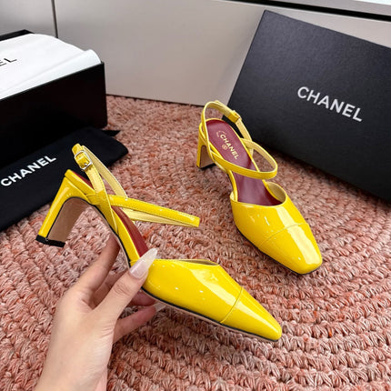 CHANEL 26S SQUARE TOE HIGH HEELS SLINGBACKS IN YELLOW CALFSKIN