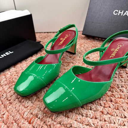 CHANEL 26S SQUARE TOE HIGH HEELS SLINGBACKS IN GREEN CALFSKIN