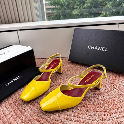 CHANEL 26S SQUARE TOE HIGH HEELS SLINGBACKS IN YELLOW CALFSKIN