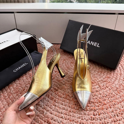 CHANEL 26S POINTED TOE HIGH HEEL SLINGBACKS IN GOLD MIX SILVER LAMBSKIN WITH FLORAL APPLIQUE