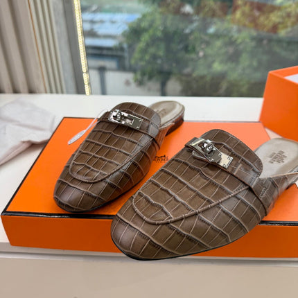 HM 26S DESTIN MULES IN DARK BROWN CROCODILE-EFFECT LEATHER