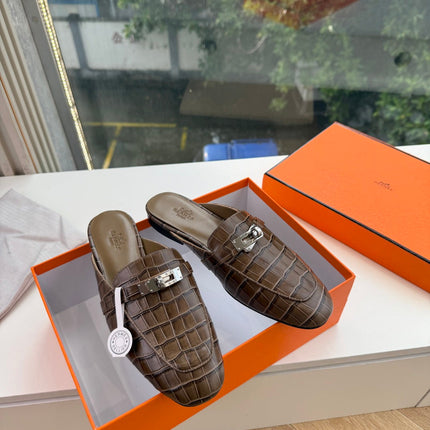 HM 26S DESTIN MULES IN DARK BROWN CROCODILE-EFFECT LEATHER