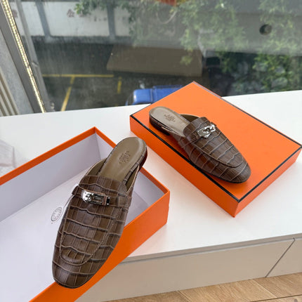 HM 26S DESTIN MULES IN DARK BROWN CROCODILE-EFFECT LEATHER