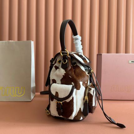MIUMIU 26S BACKPACK 25 IN CREAM WHITE AND BROWN PONY HAIR